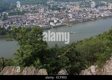 View of Bad Salsiz and the rhine river -  Rheinsteig - between Kamp-Bornhofen and Braubach - Hesse - Germany Stock Photo