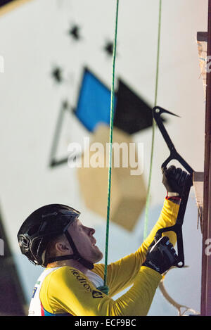 Bozeman, Mont., US. 12th Dec., 2014. Egor Trapeznikov  races up the wall toward an eventual second place in the men's speed climbing event at the International Climbing and Mountaineering Federation's Ice Climbing World Cup. Credit:  Thomas Lee/Alamy Live News Stock Photo