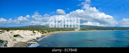 A colourful panoramic view of Lara Bay and beach in the Akamas National Park and home of the Lara Turtle Conservation Project Stock Photo