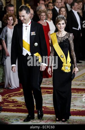 King Juan Carlos of Spain, his wife Sofia, Crown Prince Felipe and Princess Letizia attending the gala dinner held to Mexican President Enrique Peña Nieto and his wife Angelica Rivero  Featuring: Crown Prince Felipe,Princess Letizia Where: Madrid, Spain W Stock Photo