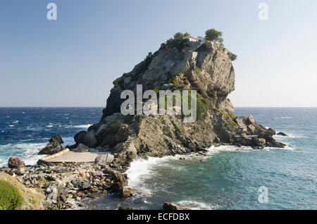 Mamma Mia chapel, Agios Ioannis, Skopelos, Greece. October. Church atop the rock. Stock Photo