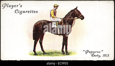 Cigarette card by Player's Cigarettes featuring PAPYRUS winner of The Derby in 1923 with jockey Steve Donoghue issued by John Player & Sons in 1933 Stock Photo