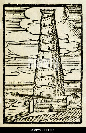 Pharos of Alexandria, one of the Seven Wonders of the Ancient World, illustration by William Harvey. See description for more information.