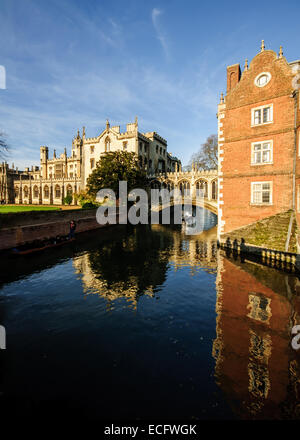 View of Bridge of Sighs and New Court in St John's College in Cambridge from Wren Bridge. Stock Photo