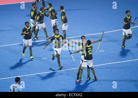 Bhubaneswar. 13th Dec, 2014. Pakistan hockey players celebrate a goal during the semifinal match against India at Hero Hockey Champions Trophy 2014 match at Kalinga Stadium in Bhubaneswar on December 13, 2014. Pakistan won 4-3. © Zheng Huansong/Xinhua/Alamy Live News Stock Photo