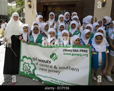 Girl scout troop from central and southern New Jersey prepares to participate in the 29th Annual Muslim American Day Parade. Stock Photo