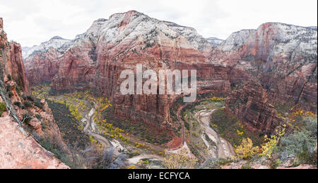 view of Zion National Park form the Angels Landing trail mid autumn with colors in trees and cliffs Stock Photo