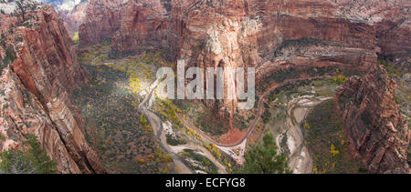 view of Zion National Park form the Angels Landing trail mid autumn with colors in trees and cliffs Stock Photo