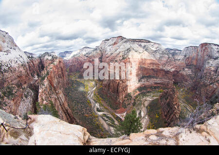view of Zion National Park form the Angels Landing trail mid autumn with colors in trees and cliffs Stock Photo