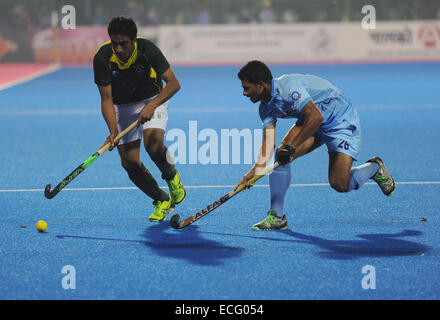 Bhubaneswar, India. 13th Dec, 2014. Birendra Lakra (R) of India fights for the ball against S. Rasool of Pakistan during the semifinal match of the Hero Hockey Champions Trophy 2014 match in Bhubaneswar, India, Dec. 13, 2014. Pakistan won 4-3 to enter the final. © Partha Sarkar/Xinhua/Alamy Live News Stock Photo