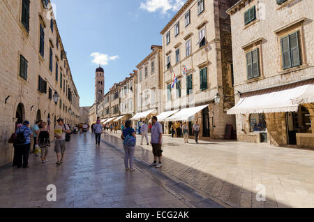 DUBROVNIK, CROATIA - MAY 15, 2013: Tourists walking on the main street Stradun in the old town of Dubrovnik, Croatia. Many of th