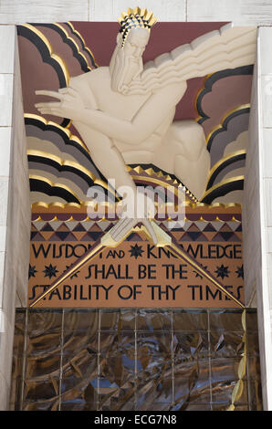 Wisdom, an Art Deco icon over the entrance to the main building of Rockefeller Center and can be seen from Fifth Avenue. Stock Photo