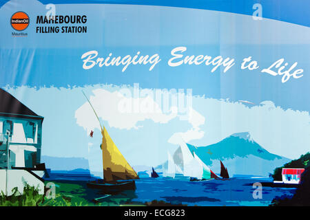 Mauritius, Mahebourg, town centre, Indian Oil petrol station, bringing energy to life environmental poster Stock Photo