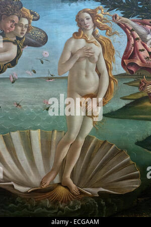 Florence. Italy. Uffizi Gallery. Birth of Venus, detail, (ca. 1484) by Sandro Botticelli. Nascita di Venere. Galleria degli Uffizi. Stock Photo