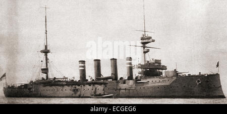 HMS Hampshire, Devonshire-class armoured cruiser built for the Royal Navy, sunk after hitting a German mine and taking Field Marshal Lord Kitchener to his death in 1916. Stock Photo