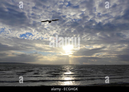 Solent, Hampshire, UK. 14th Dec, 2014. Lepe on the Solent, Hampshire, UK. The afternoon sun breaks through the clouds over the Isle of Wight, above the stormy waters of the Solent churned up by the strong winds blowing along the south coast of England today. Credit:  Julia Gavin UK/Alamy Live News Stock Photo