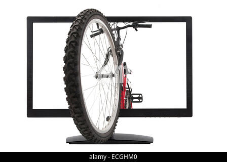 front wheel of mountain bike and Lcd monitor, isolated, studio shot Stock Photo