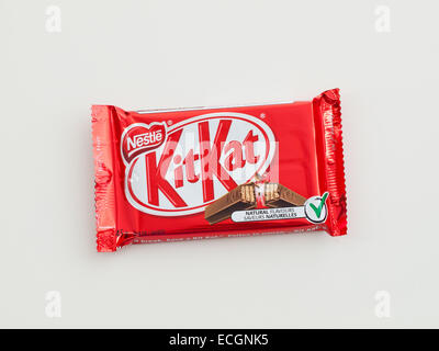 Kit Kat, a popular chocolate-covered wafer biscuit bar confection produced by  Nestlé. Canadian packaging shown. Stock Photo