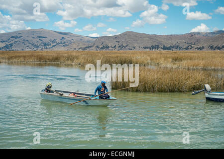 Boatman on Lake Titicaca, Peru Stock Photo