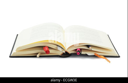 Open Book Bookmarked with Stationery On White Background Stock Photo