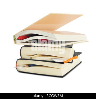 Hardcover Books Bookmarked with Stationery On White Background Stock Photo