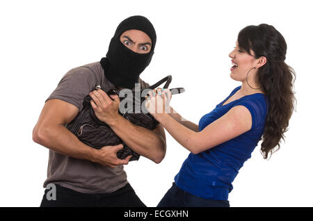 male thief robbing beautiful young girl Stock Photo