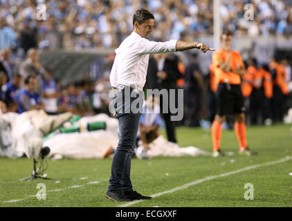 Avellaneda, Argentina. 14th Dec, 2014. Diego Cocca, coach of Racing Club, reacts during the Final match against Godoy Cruz of Argentinean Soccer First Division at Presidente Peron Stadium, in Avellaneda City, 20km from Buenos Aires City, Argentina, on Dec. 14, 2014. © Martin Zabala/Xinhua/Alamy Live News Stock Photo