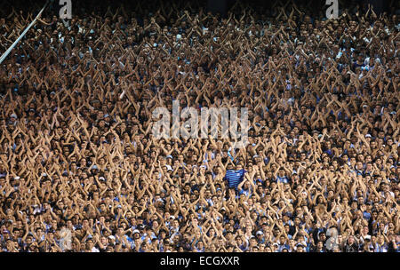Avellaneda, Argentina. 14th Dec, 2014. Fans of Racing Club react during the Final match against Godoy Cruz of Argentinean Soccer First Division at Presidente Peron Stadium, in Avellaneda City, 20km from Buenos Aires City, Argentina, on Dec. 14, 2014. © Martin Zabala/Xinhua/Alamy Live News Stock Photo