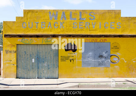 Yellow repair shop, Wilcannia, New South Wales, Australia Stock Photo