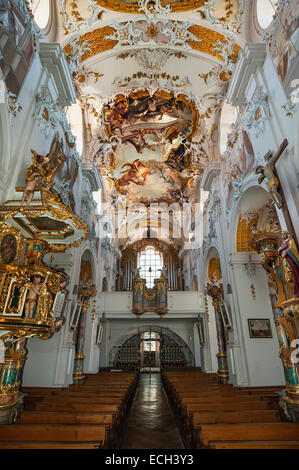 Pulpit and organ loft, Kloster Indersdorf monastery, Markt Indersdorf, Upper Bavaria, Bavaria, Germany Stock Photo