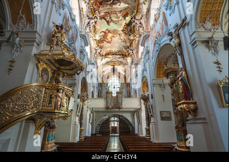 Pulpit, frescoed ceilings and organ loft, Kloster Indersdorf monastery, Markt Indersdorf, Upper Bavaria, Bavaria, Germany Stock Photo