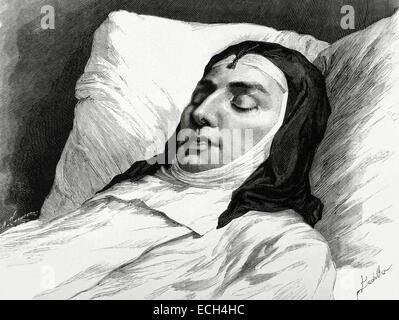 Mercedes de Orleans (1860-1878). Queen of Spain. First wife of King Alfonso XII. Death from Typhoid fever. Deathbed. Engraving by Arturo Carretero. La Ilustracion Espanola y Americana, 1878. Stock Photo