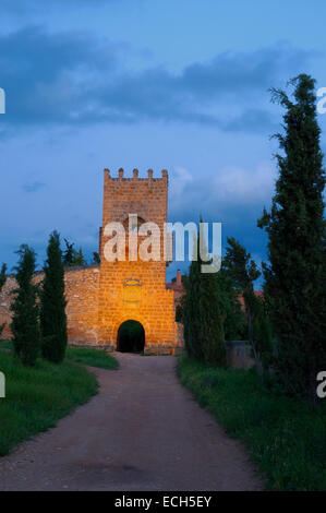 Homenaje Tower at dusk, Monasterio de Piedra, Nuevalos, Zaragoza province, Aragon, Spain, Europe Stock Photo