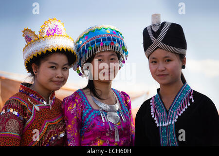 Girls dressed in traditional Hmong costumes, Hmong New Year's Celebration, Phonsavan, Xiangkhouang, Laos Stock Photo