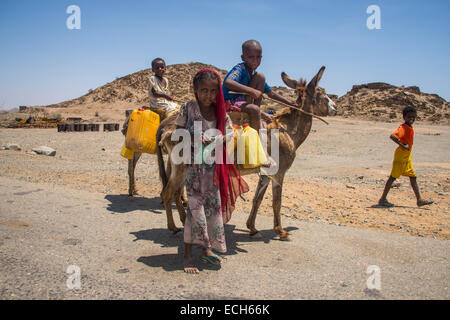 Children with a donkey on the way to a waterhole, in the lowlands, Eritrea Stock Photo