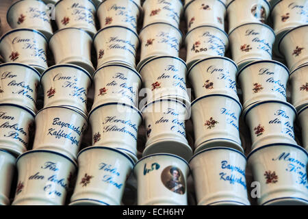 Bavarian Kaffeehaferln coffee mugs, Auer Dult, Munich, Upper Bavaria, Bavaria, Germany Stock Photo