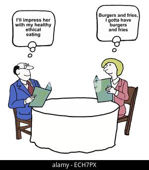'I'll impress her with my healthy ethical eating.'  'Burgers and fries.  I gotta have burgers and fries.' Stock Vector