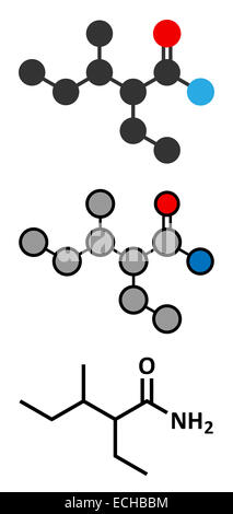 Valnoctamide sedative drug molecule. Conventional skeletal formula and stylized representations. Stock Photo