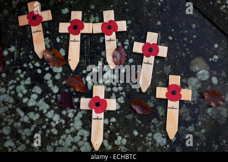 Poppy Appeal remembrance wooden crosses on a lichen covered stone war memorial. Stock Photo