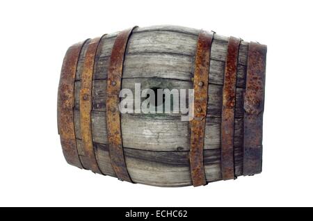 old wooden barrel with metal rings on white background Stock Photo