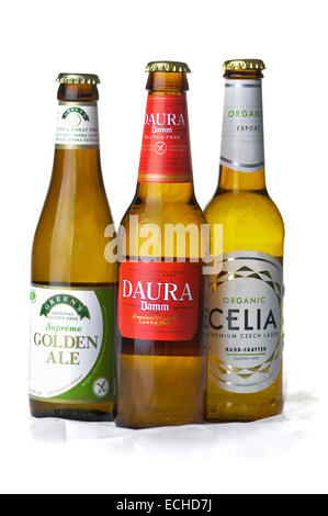 Three bottles of gluten-free beer Damm Daura, Greens Supreme Golden Ale and Celia from the Czech Republic Stock Photo