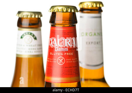 Three bottles of gluten-free beer Damm Daura, Greens Supreme Golden Ale and Celia from the Czech Republic Stock Photo