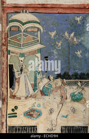 India, Rajasthan, Mewar Region, village of Bundi, wall painting in the Chitrasala at the Garth Palace Stock Photo