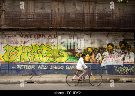 Mauritius, Mahebourg, politics, Chagos Islanders, hands off Diego Garcia protest mural on house wall Stock Photo
