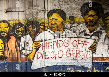 Mauritius, Mahebourg, politics, Chagos Islanders, hands off Diego Garcia protest mural on house wall Stock Photo