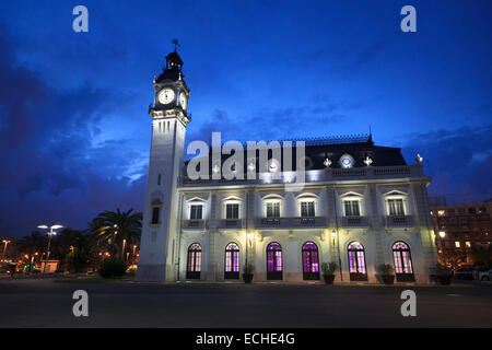 Exterior of the Port Authority of Valencia Building at dusk with it's clock tower Stock Photo