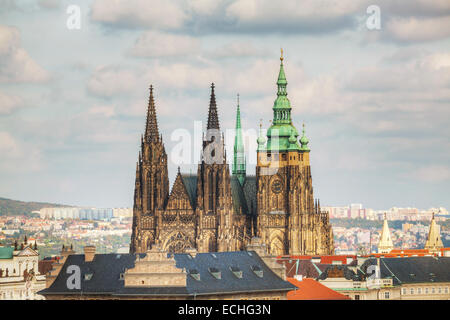 Aerial view of Prague with St. Vitus Cathedral as seen from Petrin hill Stock Photo