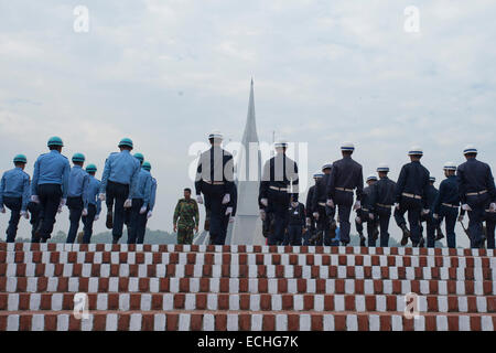 Dhaka, Bangladesh. 15th Dec, 2014. Special forces preparing themselves  in front of National Martyrs' Memorial where thousands of people will gather on the Victory Day to pay homage to the Liberation War martyrs. Jatiyo Sriti Shoudho or National Martyrs' Memorial is the national monument of Bangladesh is the symbol in the memory of the valour and the sacrifice of all those who gave their lives in the Bangladesh Liberation War of 1971, which brought independence and separated Bangladesh from Pakistan. The monument is located in Savar, about 35 km north-west of the capital, Dhaka. © zakir hossai Stock Photo