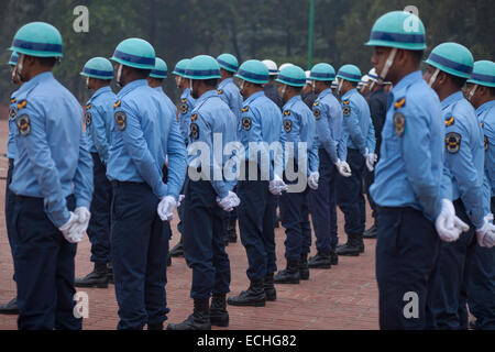 Dhaka, Bangladesh. 15th Dec, 2014. Special forces preparing themselves  in front of National Martyrs' Memorial where thousands of people will gather on the Victory Day to pay homage to the Liberation War martyrs. Jatiyo Sriti Shoudho or National Martyrs' Memorial is the national monument of Bangladesh is the symbol in the memory of the valour and the sacrifice of all those who gave their lives in the Bangladesh Liberation War of 1971, which brought independence and separated Bangladesh from Pakistan. The monument is located in Savar, about 35 km north-west of the capital, Dhaka. © zakir hossai Stock Photo