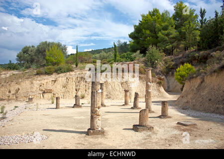 Columns are all that remain of the Apodyterion, where competitors prepared for their races in the stadium, Ancient Nemea, Greece Stock Photo